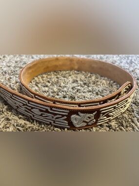 Mens Brown Leather Embroidered Bull Belt Charro Piteado Western Cowboy